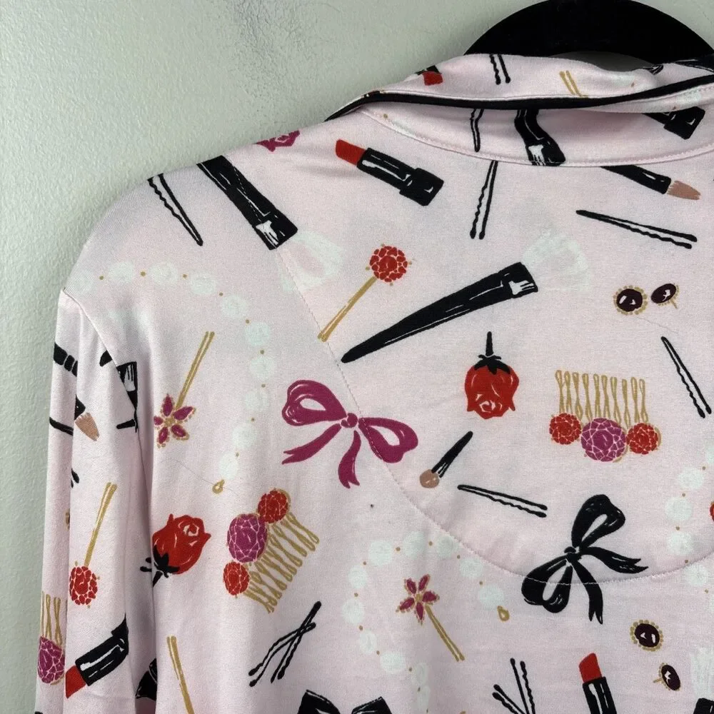 Kate Spade S Pajama Top Pink Long Sleeve Button Lipstick Bow Makeup (no Pants)